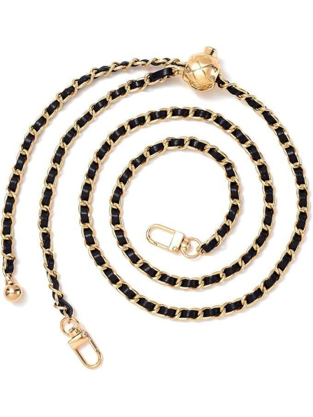 Gold with Black Leather Chain Bag Strap